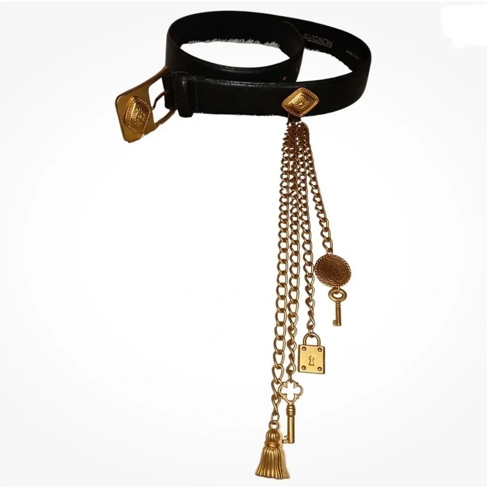 ESCADA Women’s Collaboration with Avignon Black Leather Belt Gilded Gold Charms